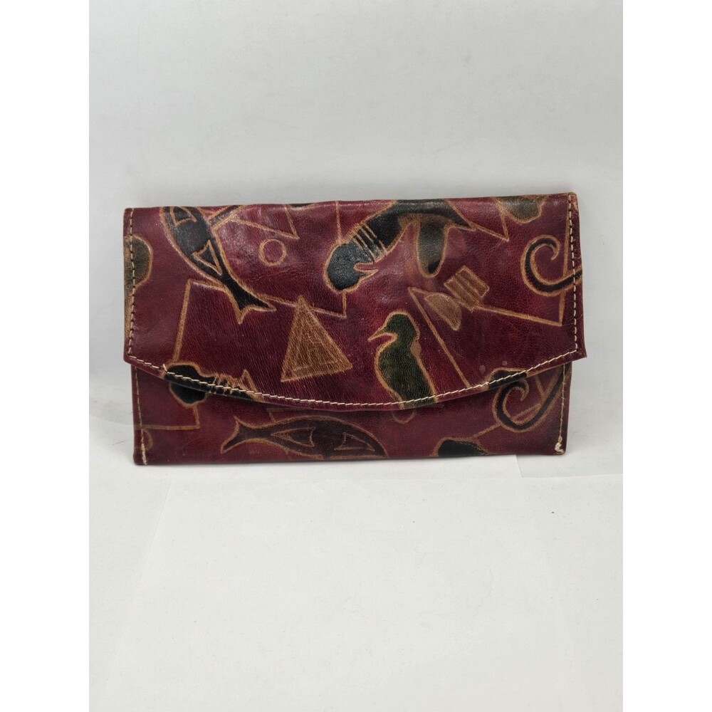 VTG Hand Tooled Leather Red Clutch Handmade Rare Egyptian Styled Dyed and Tooled